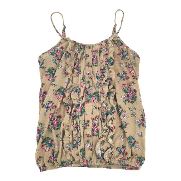Weavers Spaghetti Strap Floral Print Cropped Ruffle Tank Top Medium Brown Tan M - Picture 1 of 6